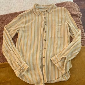 linen white and yellow striped button up